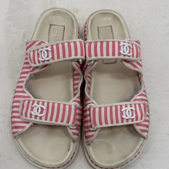 Chanel Printed Calfskin Velcro Dad Flat Mules Sandals Red Stripe 38 EU / 8 US - Picture 1 of 10